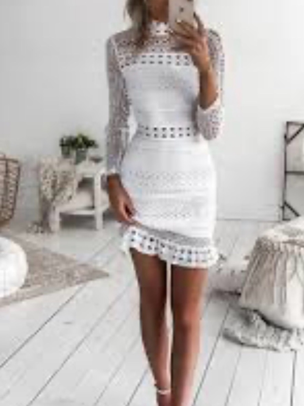 68. Two sisters White Lace Crochet Mini Dress with High Neck